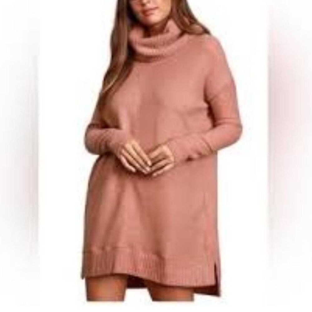 Lulus Dusty‎ Rose Pink Turtleneck Sweater Dress Long Sleeve Knit Oversized i2
